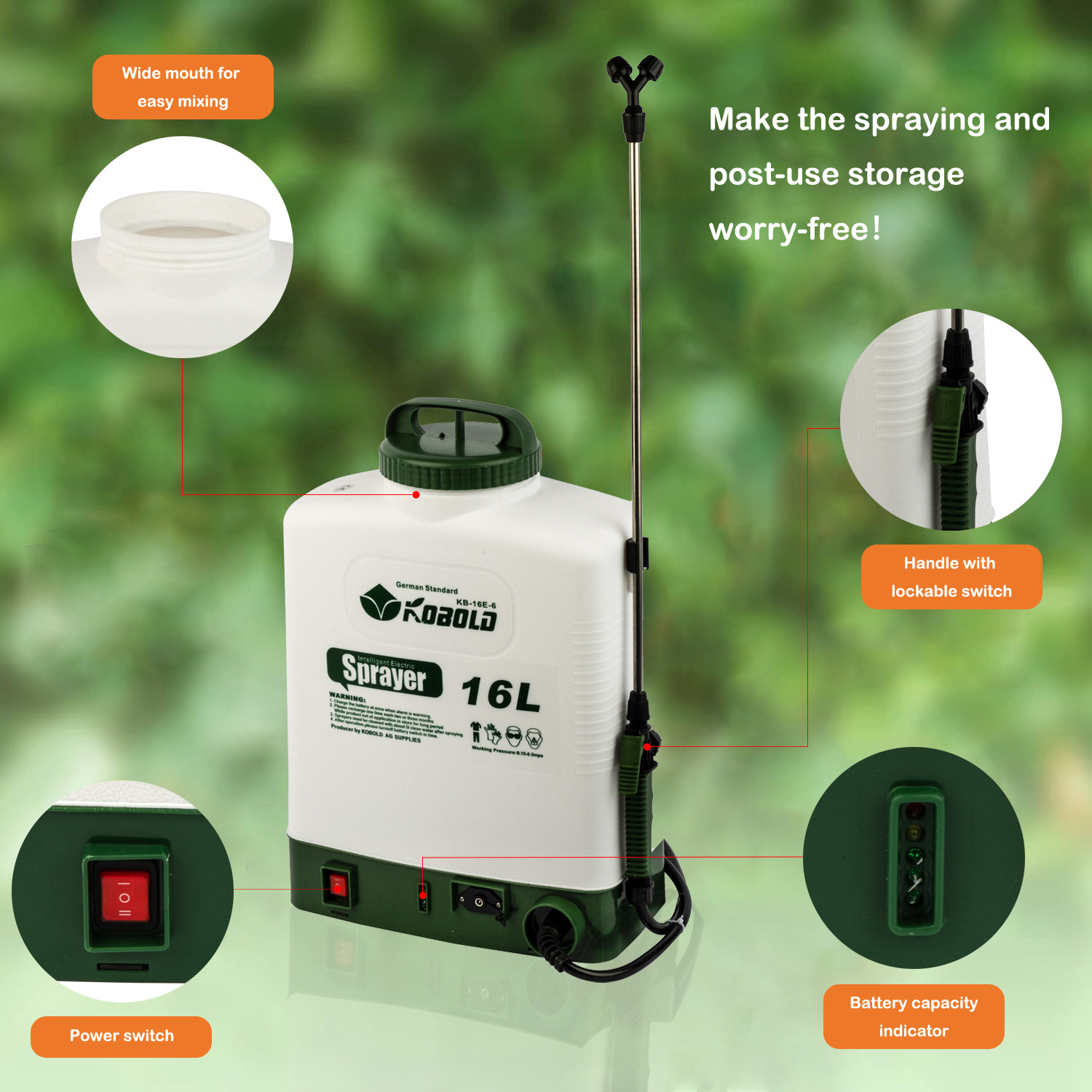 Kobold 16L Electric Backpack Sprayer Rechargeable Battery Powered Sprayer For Agriculture Lawn Garden Disinfection