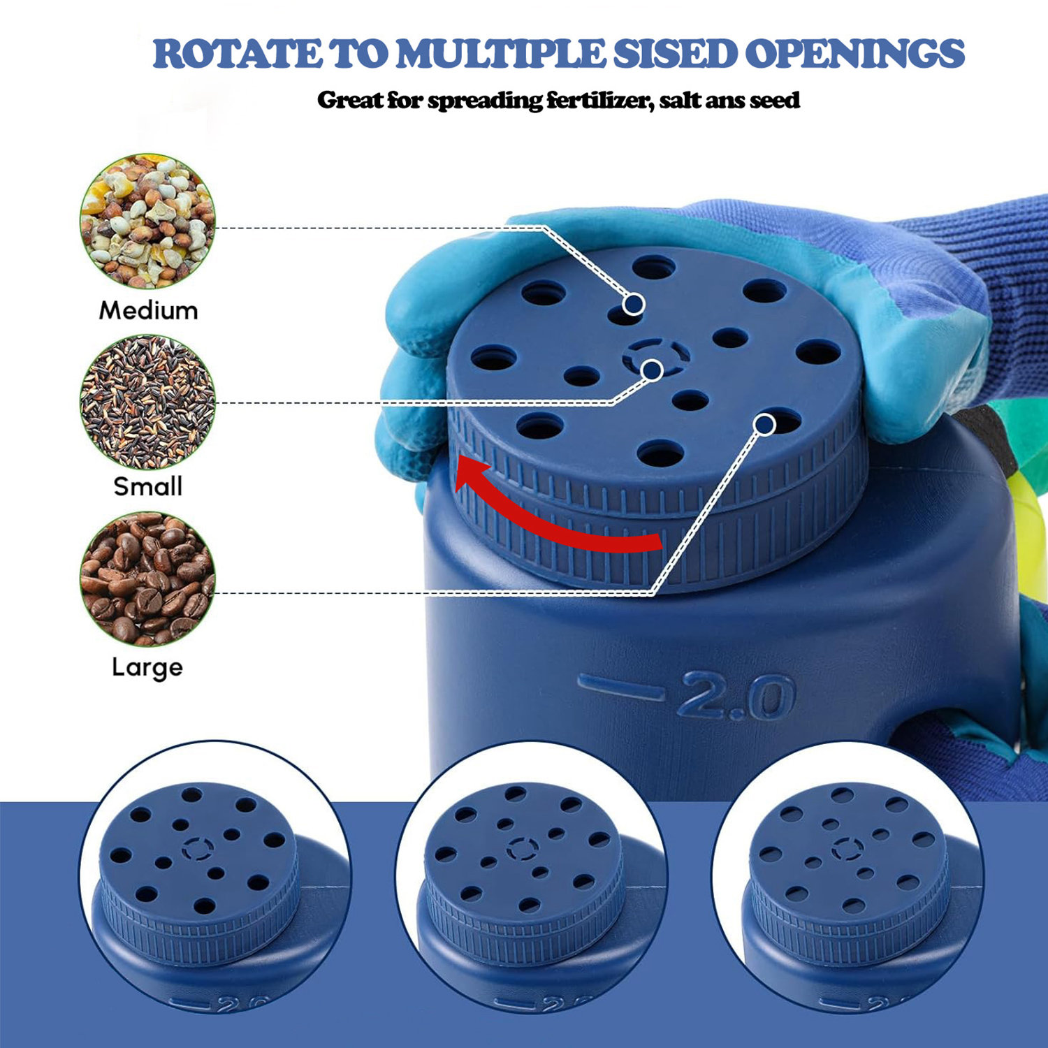 2L Handheld Spreader Bottle With Adjustable Hole Openings for Lawn Seeds Ice Melt Salt Weed and Feed Spreader