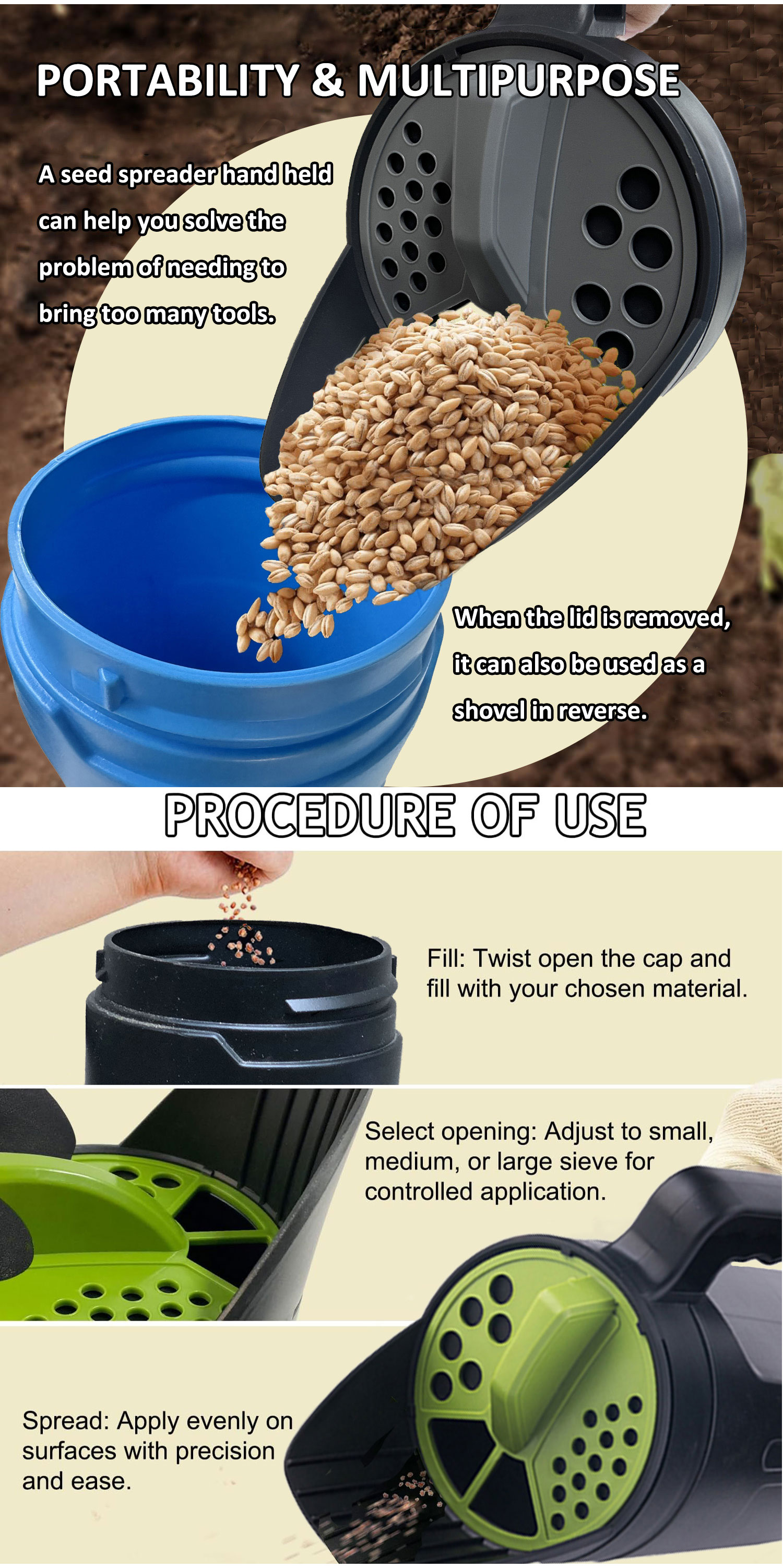 2.5L Handheld Spreader Bottle With Adjustable Hole Openings for Lawn Seeds Ice Melt Salt Weed and Feed Spreader