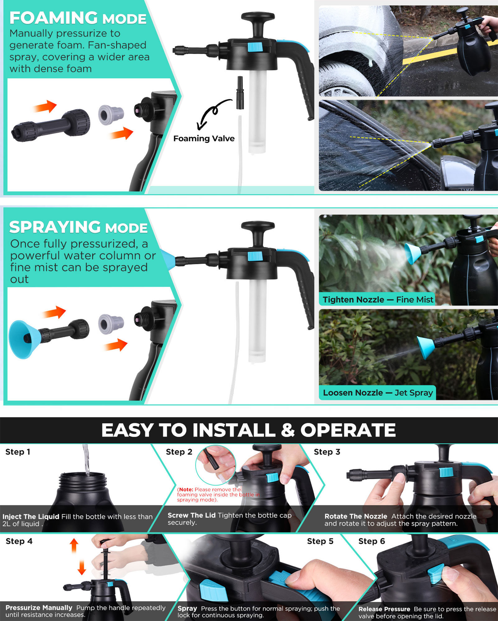 2L Hand Foam Sprayer Pump Sprayer With 2 Nozzles For Car Detailing Lawn Watering