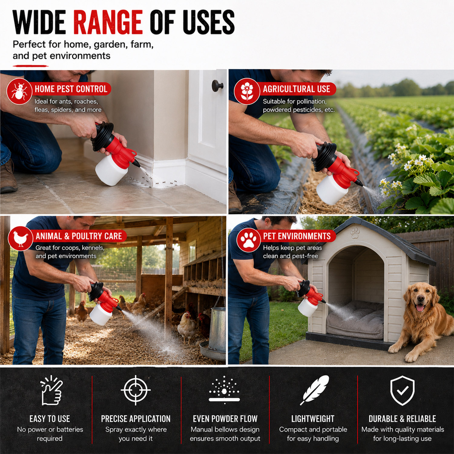 Hand Pump Powder Duster With 5 Nozzles For Indoor Outdoor Pest Control
