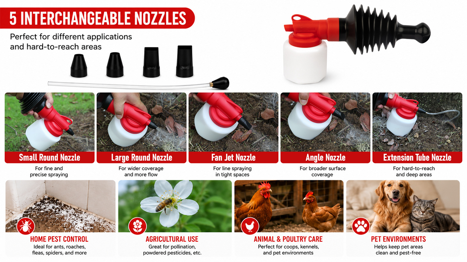 Hand Pump Powder Duster With 5 Nozzles For Indoor Outdoor Pest Control